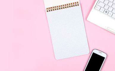 Creative flat lay photo of workspace desk.