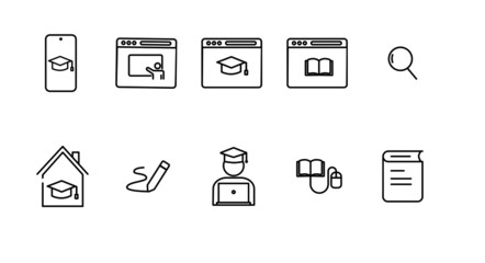 set of icon for online learning, online education icon, online class icon, online study icon, isolate, study at home