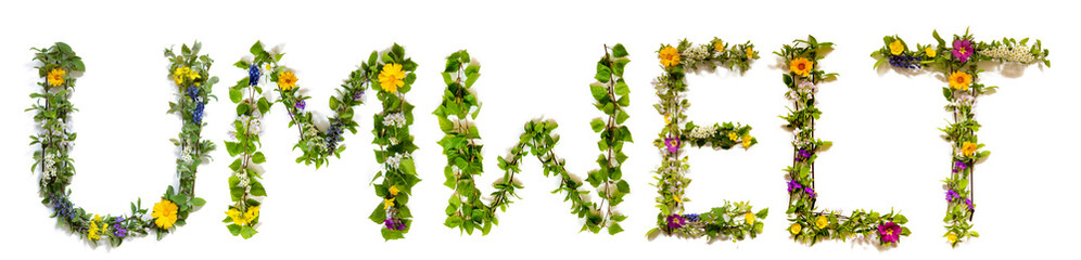 Flower, Branches And Blossom Letter Building German Word Umwelt Means Environment. White Isolated Background