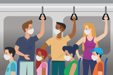 people in the bus transport with mask and contactless