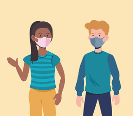 girl and boy with distancing prevention and mask