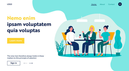 Happy female friends hanging out in cafe. Cheerful women sitting at table, talking, laughing, drinking wine. Vector illustration for communication, friendship, friendly meeting concept