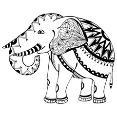 Drawing with an elephant and flowers. Hand draws antistress for children and adults. A large elephant with patterns and small details in colors. Design for children's books, textiles, packaging. color