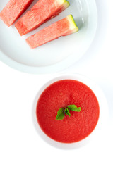 Fresh watermelon mint juice on white background from above