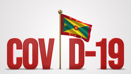 Grenada realistic 3D flag and Covid-19 illustration.
