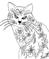 Drawing of a domestic cat decorated with flowers. Drawing for coloring antistress