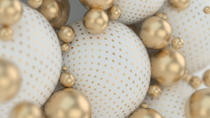 Abstract background with 3d spheres. Gold and white bubbles. Jewelry cover concept. Horizontal banner. Decor element for design. Volume elements, balls, texture, lines, colorful. 3d illustration