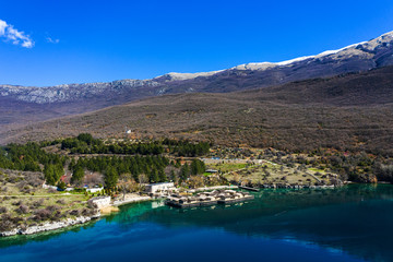Fototapeta na wymiar Aerial view of Museum on water in the Bay of Bones on the Ohrid Lake in North Macedonia
