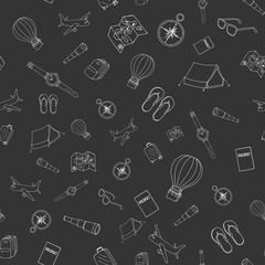 Hand drawn seamless pattern with outline travel items on dark grey background. Can be used for fabric, wrapping paper, scrapbooking, as wallpaper, banner, background and other design.