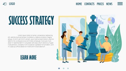 Man leader sitting with laptop on coins, near character man and woman with chess figures landing page, web template in vector design. Business strategy, success concept graphic illustration.