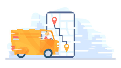 Fototapeta premium Food delivery service. Man riding a delivery van. Online pizza order. A courier guy on a truck