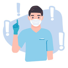 Doctor pointing finger up wearing protective medical mask and gloves for prevent corona virus Covid-19