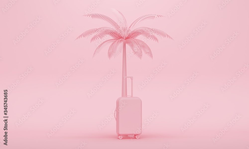 Poster palm tree and a suitcase on a pink background. travel concept. 3d rendering