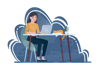 Girl working on laptop sitting at home office desk at night. Freelance or distance studying