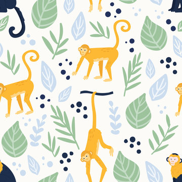 Seamless pattern with funny Monkeys in different poses on the yellow background. Vector tropical illustration. Pattern for your animal fabric design, textile, wallpaper