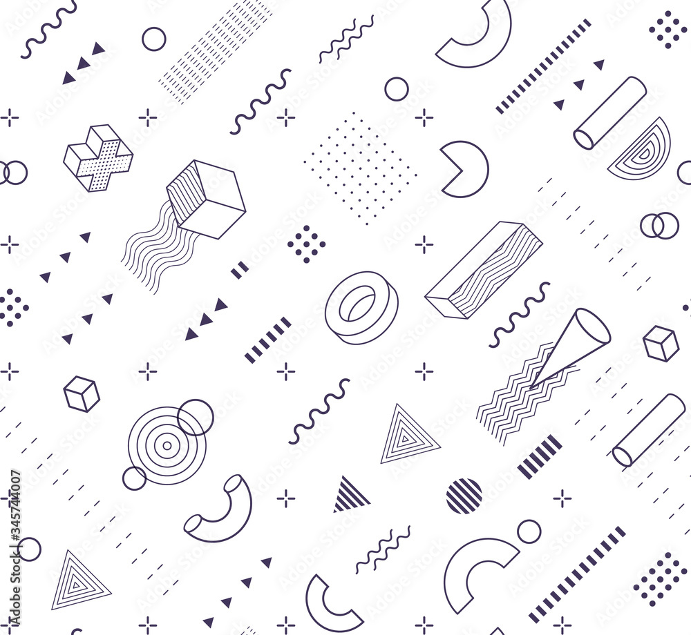 Aufkleber Geometric shapes memphis pattern. Black and white background vector illustration. Minimal geometry isolated seamless backdrop. Circles,triangles, cubes, squares, lines repeatable pattern icon.