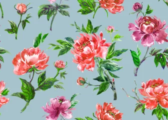 Fototapeten Tropische Blätter Peony seamless pattern in chinese, japanese, korean, oriental style. Floral watercolor print of red flowers on a turquoise background.   © Ollga P