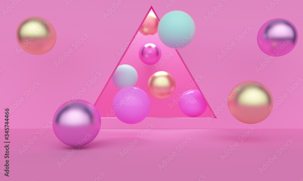 Poster abstract pink background with a triangular window and a metal ball. 3d rendering