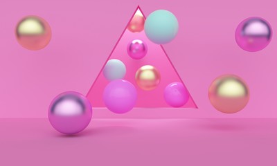 Abstract pink background with a triangular window and a metal ball. 3d rendering