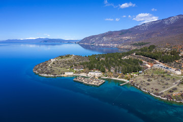 Fototapeta na wymiar Aerial view of Museum on water in the Bay of Bones on the Ohrid Lake in North Macedonia