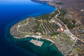 Aerial view of Museum on water in the Bay of Bones on the Ohrid Lake in North Macedonia