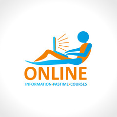 Life Online. Information, pastime, courses. Vector logo icon man with a laptop. Life is online.