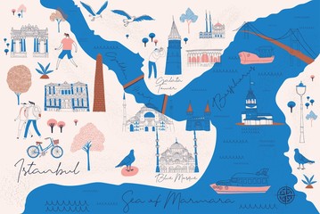 Cartoon Map of  Istanbul with Legend Icons. Print Design 