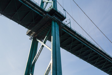 view of Lions Gate Bridge in Vancouver B.C. from below