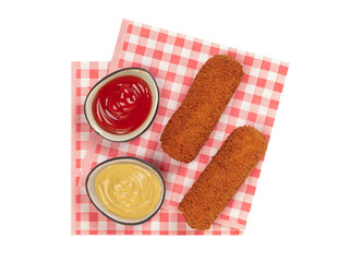 Brown crusty dutch kroketten on a red napkin isolated