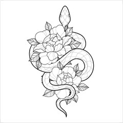 Hand drawing outline snake with flowers. Tattoo snake for Henna drawing and tattoo template. Vector illustration