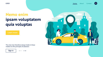 Commuters sharing car in city. People searching vehicle with location pointer. Vector illustration for transport rent, transfer, automobile, travel concept