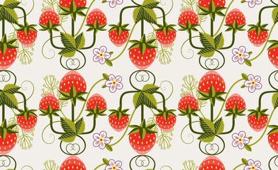 Colorful summer pattern of strawberries, leaves and flowers in a folk style. Vector flat graphics.