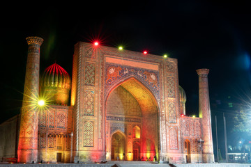 The Tillya Kori Madrasah and Ulugbek madrasasi and Sherdor Madrasa on Registon square in Samarkand, Uzbekistan