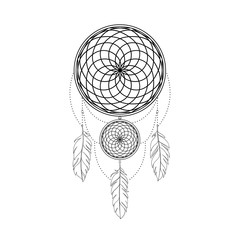 Abstract linear dreamcatcher amulet. Tattoo dreamcatcher. Mehendi illustration. Vector illustration