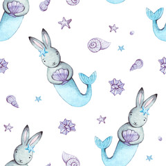 Leuk naadloos patroon met waterverfkonijnen. Nautisch naadloos patroon met konijn en mariene elementen voor textiel, papier en achtergronden. Voor afdrukken, t-shirtsjabloon, modekleding. Oppervlakte ontwerp.