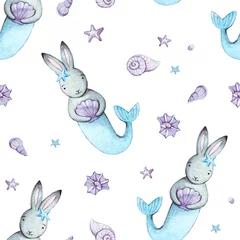 Wallpaper murals Rabbit Cute seamless pattern with watercolor rabbits. Nautical seamless pattern with rabbit and marine elements for textile, paper and backgrounds. For print, t shirt template, fashion wear. Surface design.