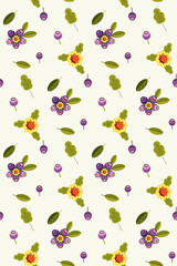 Colorful summer pattern of blueberries and flowers. Vector flat graphics. Fashionable folk style. Light background.