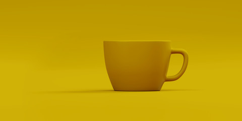 Yellow cup of coffee isolated on a yellow background, 3D rendering