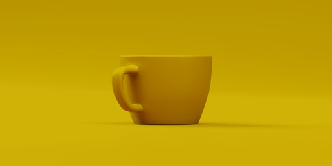 Yellow cup of coffee isolated on a yellow background, 3D rendering