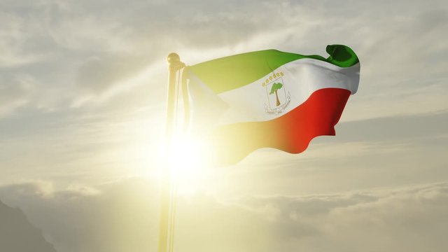 Flag of Equatorial Guinea Waving in the wind, Sky and Sun Background, Slow Motion, Realistic Animation, 4K UHD 60 FPS Slow-Motion