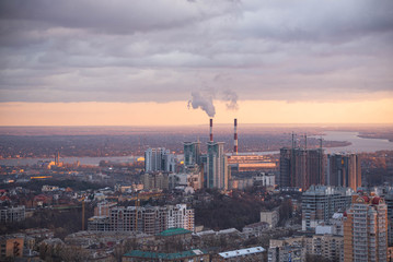 Dramatic red sunset city view of Kyiv (Kiev) Ukraine