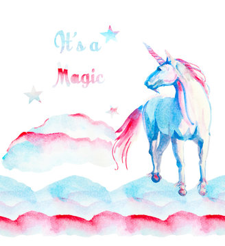 Watercolor adult unicorn on the clouds in pink and blue colors. Hand drawn fantasy art isolated on white background