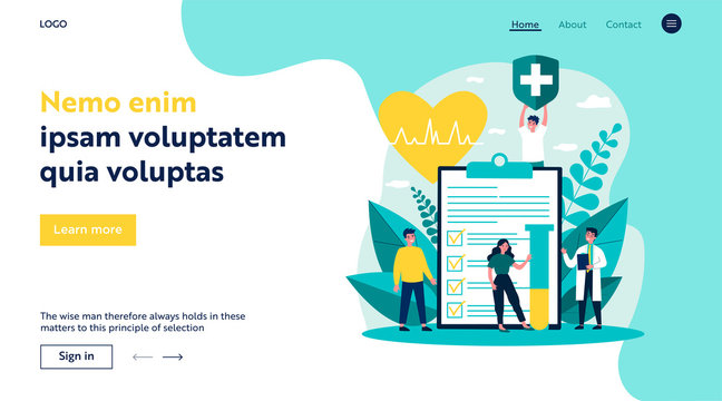 Patients and doctor advertising health insurance. People presenting medical checklist. Vector illustration for healthcare, protection, security, medical service concept