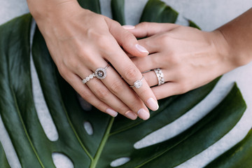 jewelry made of gold and diamonds on the girl’s hands on the background of a large green leaf of monstera