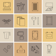 Vector illustration. Thin line icons of the items for hand papermaking. Related for logo, tutorial, handmade recycle paper workshop. Cotton paper handmade ancient technique, craft. Linear symbols set.