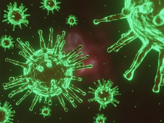 Bacteria, corona, virus, green 3D, dark red background