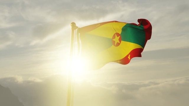 Flag of Grenada Waving in the wind, Sky and Sun Background, Slow Motion, Realistic Animation, 4K UHD 60 FPS Slow-Motion