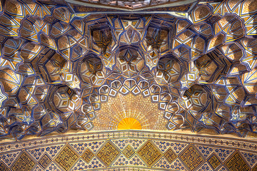 Interior inside the old ancient uzbek tomb - Amir Temur maqbarasi, Go‘ri Amir in Uzbekistan.