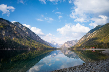 wonderful landscape of lake plansee with reflections of trees and alps mountain in tirol - obrazy, fototapety, plakaty