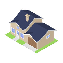 Isolated isometric house with a garage on a white background. Buying and renting real estate.
